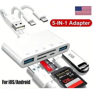 5-In-1 Multi-Port Card Reader Adapter, Lightning+Type-C+USB 3.0+SD+Micro SD Port, Plug & Play OTG Connector for iPhone iPad Android PC File Sharing