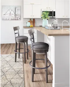 Lindenridge Nailhead Bar Stools - Set of 2 with Gray Cushions & Metal Legs for Modern Kitchen Bar Seating Solid Wood Upholstered in Charcoal Fabric