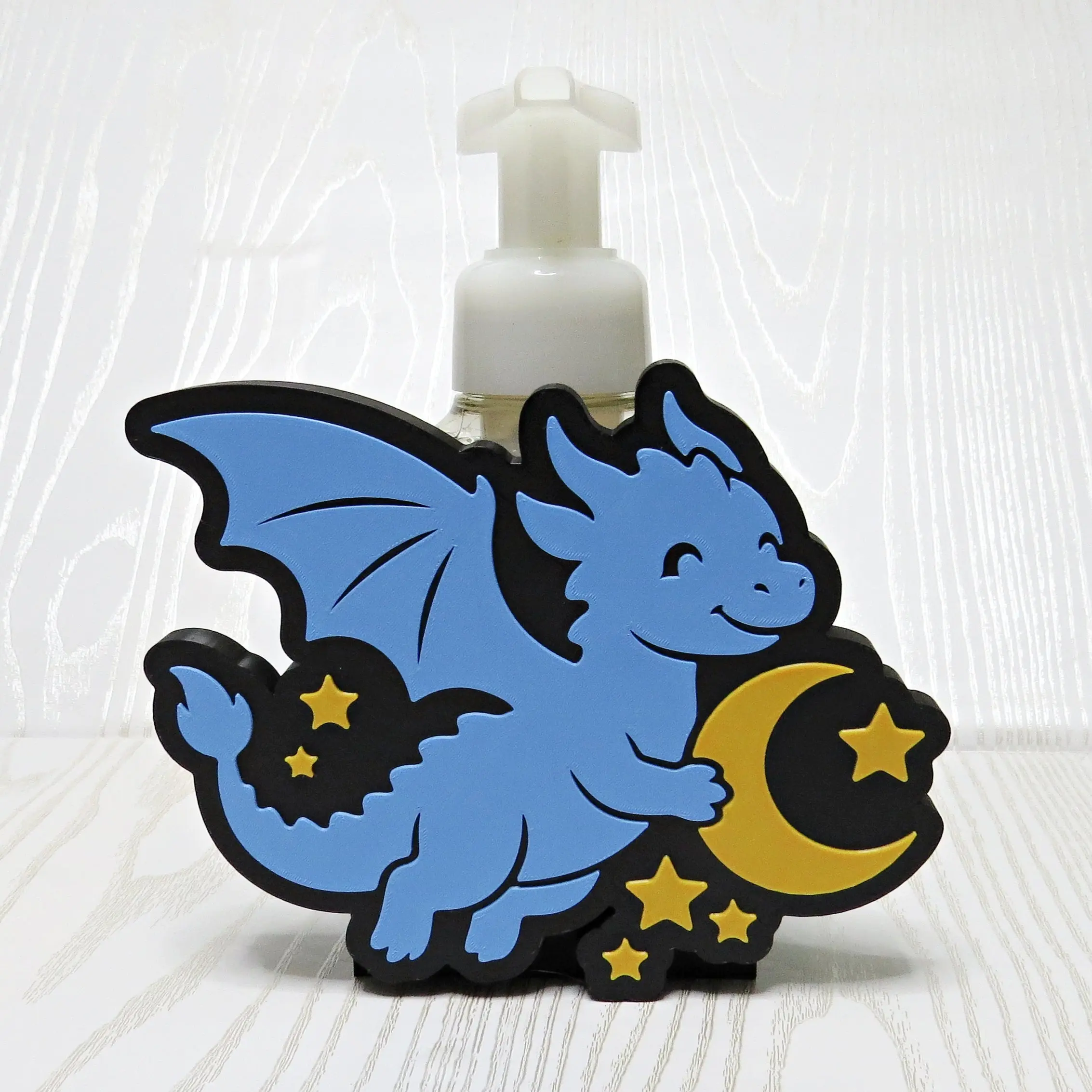 Dragon Foaming Soap Bottle Holder – Cute 3D Printed Blue Baby Dragon with Gold Moon and Stars – Bath and Body Works Foaming Soap Dispenser Stand – Fantasy Celestial Kids Bathroom Bedroom Decor – Dragon Lover Magical Gift