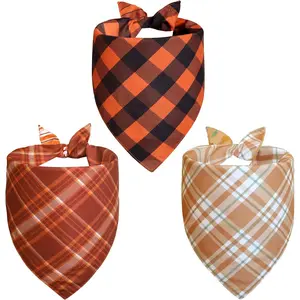Fall  Bandanas Small 3 count, 6  Thanksgiving Scarf for Boy and Girl, Plaid and Stripe Triangle Reversible Bibs Breed for Puppy Pets