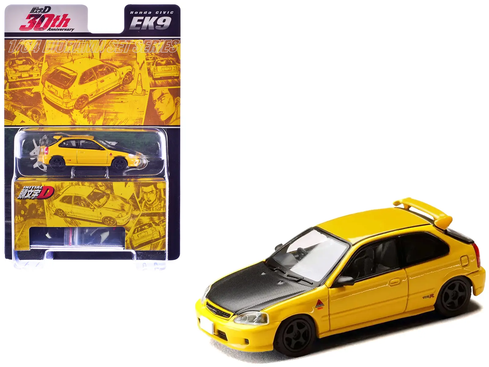 Honda Civic (EK9) RHD Yellow with Carbon Hood "Initial D" (1995-2013) Manga 1/64 Diecast Model Car by Hobby Japan