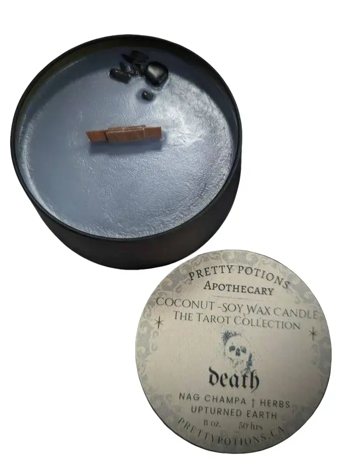 Pretty Potions Apothecary Death Tarot Collection Candle Nag Champa Herbs Upturned Earth Soy-Coconut Blend with Cedar Wood Wick