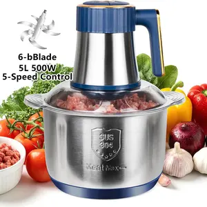 5L Food Processor Stainless Steel 500W 6 Sharp Blades 5 Speeds Electric for Family Meals Vegetables Sauces Easy Clean Kitchen Utensils BPA-free 304 Steel Bowl