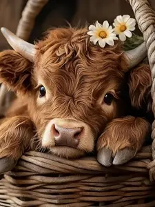 Cute Baby Highland Cow With Daisy Diamond Art, Animal Theme DIY Wall Decoration
