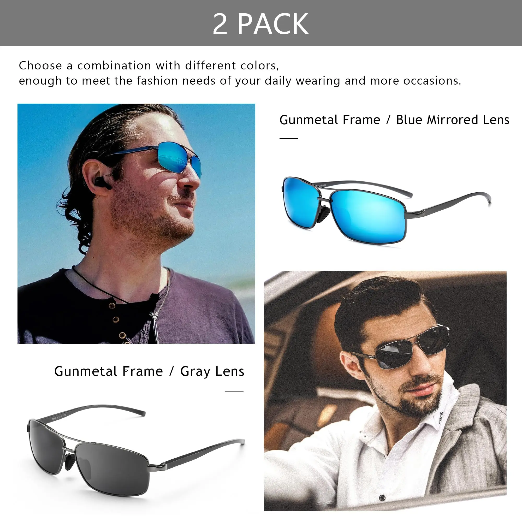 Polarized Rectangle Sunglasses with UV400 Protection 2 Pack SUNGAIT Al-Mg Alloy Sunglasses SGT458 | HD Polarized UV400  main image 2