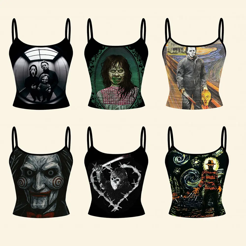 Horror Movies Spaghetti String Tank Top, Michael Myers The Exorcist Saw Freddy Jason Women Slim Fit Contrasting Colors Tank Top Halloween Scary Costume
