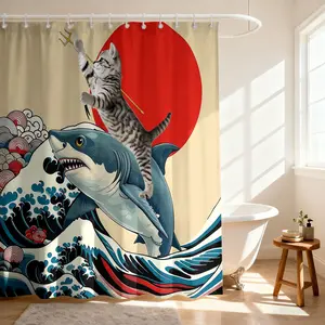 1pc Shark and Cat Pattern Removable Shower Curtain, Waterproof Bathroom Curtain with Hooks, Decoration for Home, Hotel, Apartment, Dorm and Spa