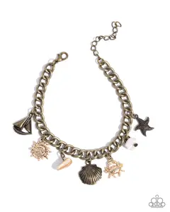 Sleek Sailing - Brass Chunky Chain with Brass Sailboat, Seashell and Starfish, Golden Sun and Crab, a White Pebble-like Stone and Seashell Charm Bracelet