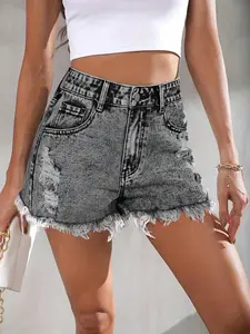 Women's High-Waisted Denim Shorts Ripped Summer Casual Pants, Slim-Fitting Button Fly Design, Solid Color Capri Jeans for Daily Wear Casual Fitted Shorts