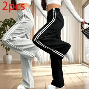 Pack of 2 women’s spring/summer loose straight drawstring casual pants—versatile for everyday wear and street style; wide-leg design with pocket details and an elastic waistband for comfortable wear; suitable for daily outfits, casual outings, and relaxin