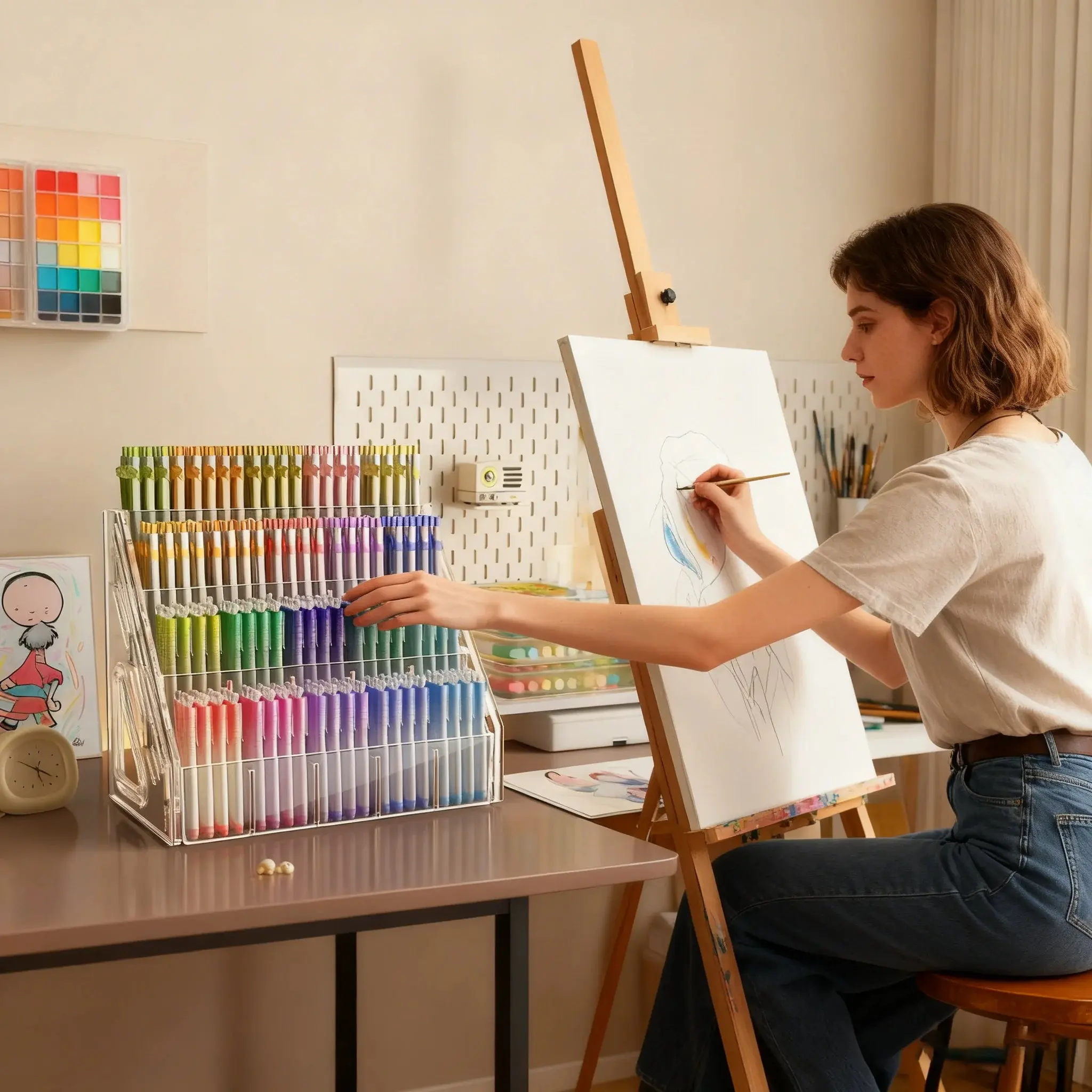 Large Capacity Acrylic Pen & Paintbrush Organizer - Multi-Compartment Storage Rack for Office & Art Supplies