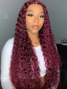 32 Inch Burgundy Long Deep Wave Wig, No Glue Heat Resistant Synthetic Lace Front Wig, Natural Look for Women Curly Wig