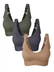 Women's 3-Pack Plain No-Wire Bras, Comfortable Breathable Seamless Push-Up, All-Season Fitted Bralettes with Medium Support