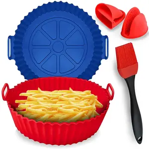 Air Fryer Silicone Liners Reusable - Replacement of Flammable Parchment Paper, Red & Blue (2 Silicone Air fryer Liners+  2 Gloves + 1 Brush)