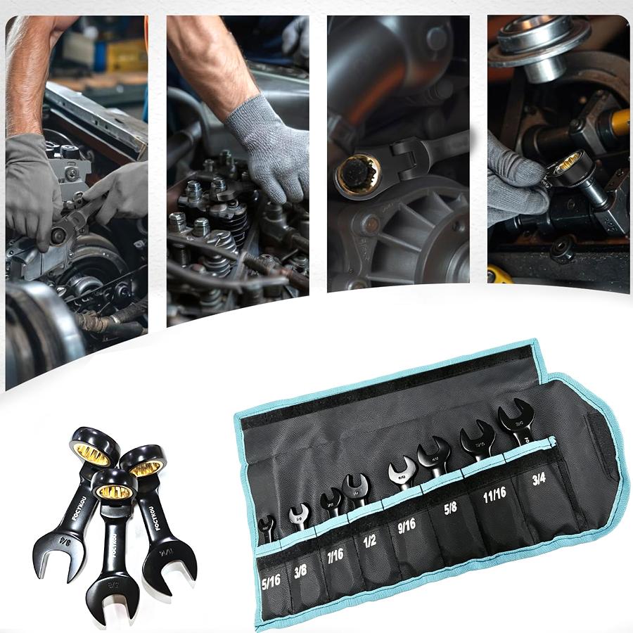 8-Piece Stubby Flex-Head Ratcheting Wrench Set, Metric 8-17mm | Anti-slip, 72-Teeth, CRV, Black Electrophoretic Coating, for Mechanics, DIYers and Home Repairs, Includes Rolling Pouch 8-Piece Stubby Flex-Head Ratcheting Wrench Set, Metric 8-17mm | Anti-slip, 72-Teeth, CRV, Black Electrophoretic Coating, for Mechanics, DIYers and Home Repairs, Includes Rolling Pouch