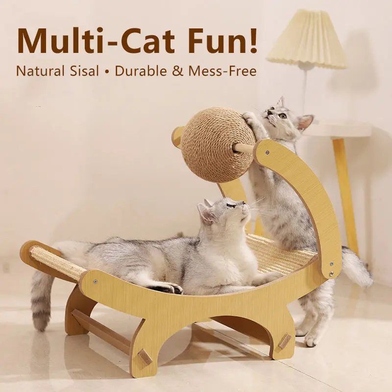 2-in-1 Sisal Cat Scratcher Hammock Bed, Wooden Cat Lounge with Rotating Scratch Ball, Interactive Cat Scratching Post, Durable Furniture Protector, Cozy Rest Bed for Indoor Cats