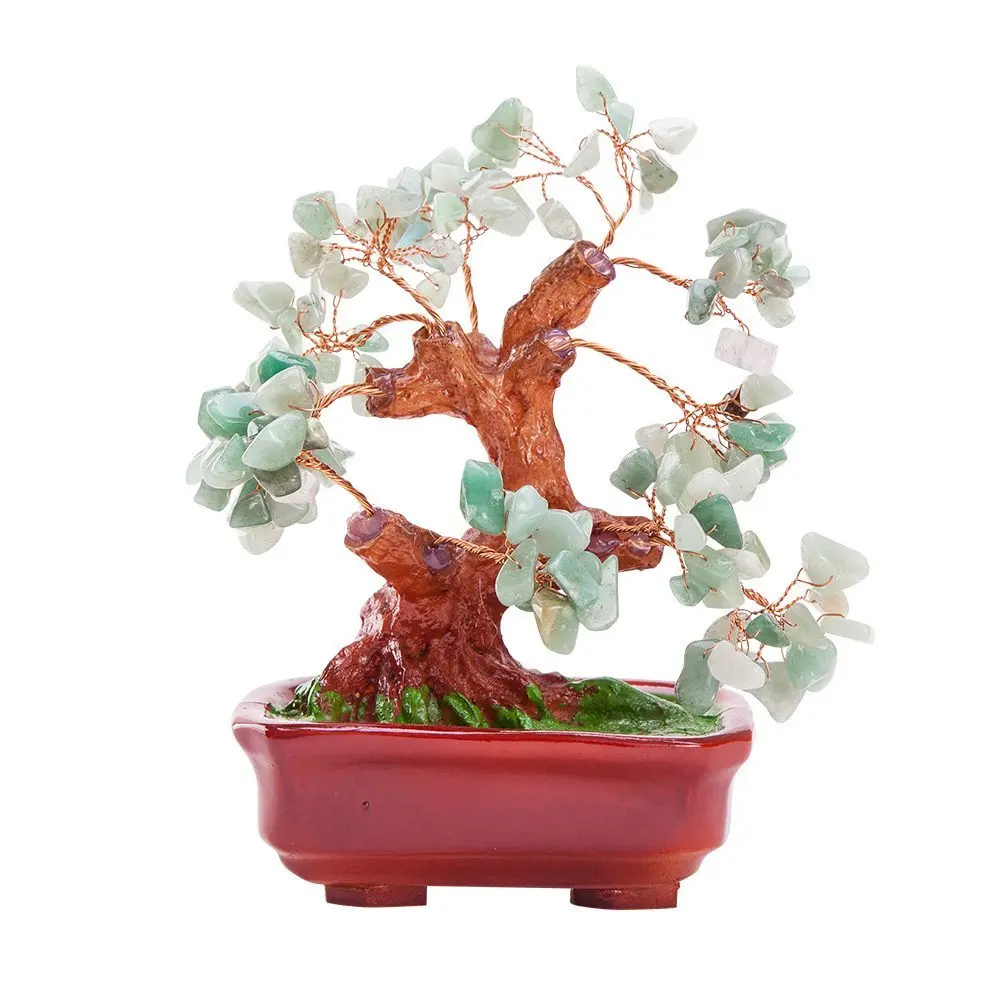 Thy Home Expandable-Limbs Feng Shui Turquoise Gemstone Quartz Wealth Money Tree Decorative Ornament, Resin Base, Leaf Crystals, Fortune Figurine, Housewarming Gift, Home Decor Table Centerpiece (L7"xH7"xD3")