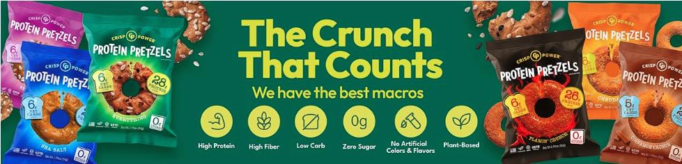 Crisp Power Protein Pretzels, 28g Protein, High Protein, High Fiber, Low Carb, Crunchy Pretzel Snacks, No Added Sugar, 1.75 oz Bags, 6 Pack, Vegan, Plant-Based, Keto