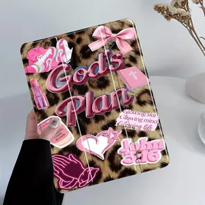 Retro Leopard Print God's Plan Sticker Collage iPad Case, Protective Cover Auto Wake/sleep,Anti-Drop Scratch-Resistant,Transparent Acrylic Back,Fits iPad 7.9/8.3/10.2/10.5/10.9/11/12.9 13 inch,Shock-resistant Full Cover Protective Case Ideal for Office