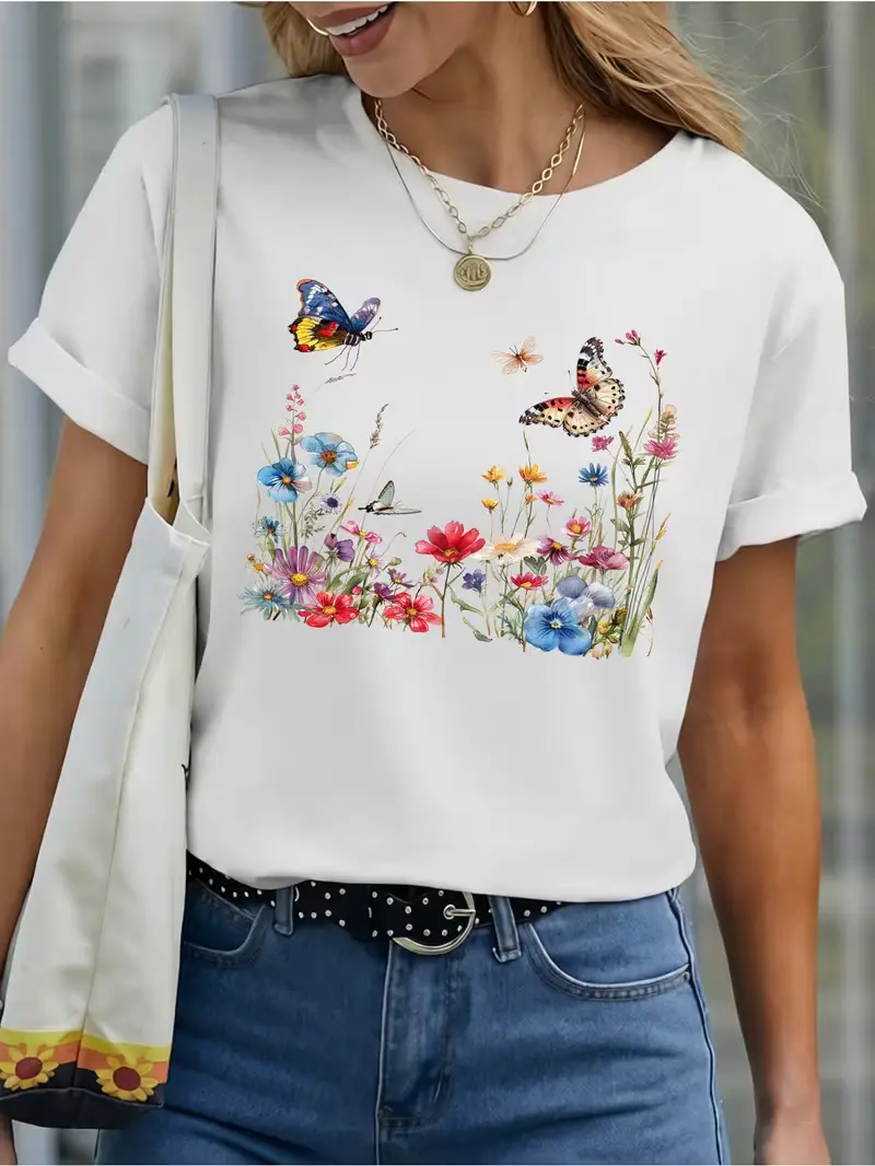Watercolor Wildflower Butterfly Graphic T-Shirt, Cute Botanical Floral Nature Lover Tee, Casual Cotton Short Sleeve Top For Women