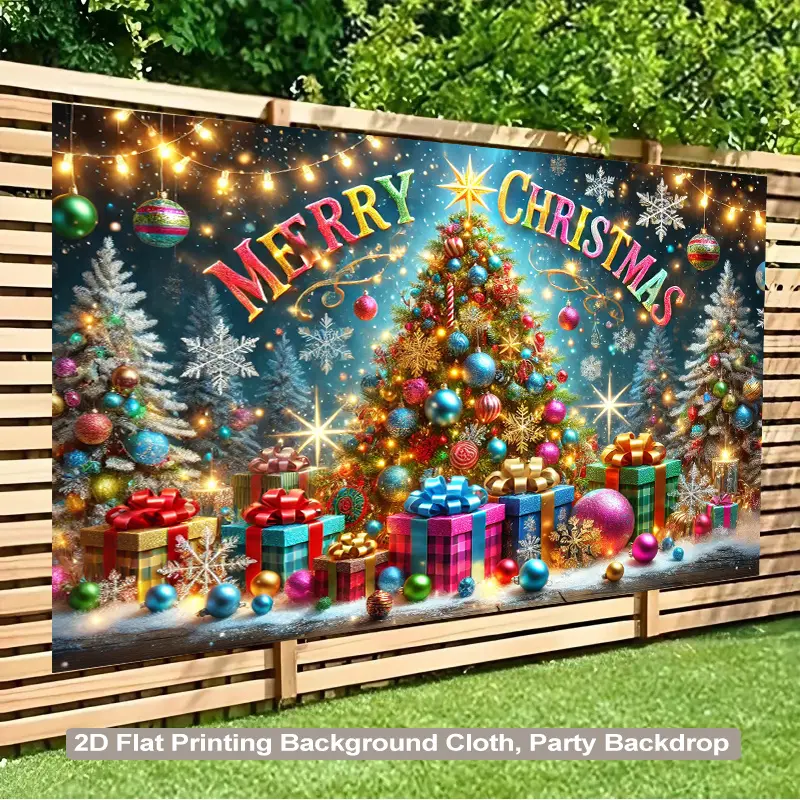 1PC 2D Backdrop Cloth - Christmas Tree with Shiny Gift Boxes Polyester Fabric, Vibrant Hanging Polyester for Living Room/Bedroom/Office/Party Decor, Party Backdrop