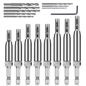 17 count VIX Bits Self Centering Drill Bit Set, 1/4" Hex Shank Self Centering Hinge Tapper Core Drill Bit for Woodworking Window Door Hinge with 1 Hex Key & 8 Drill Bits 5/64-1/4"