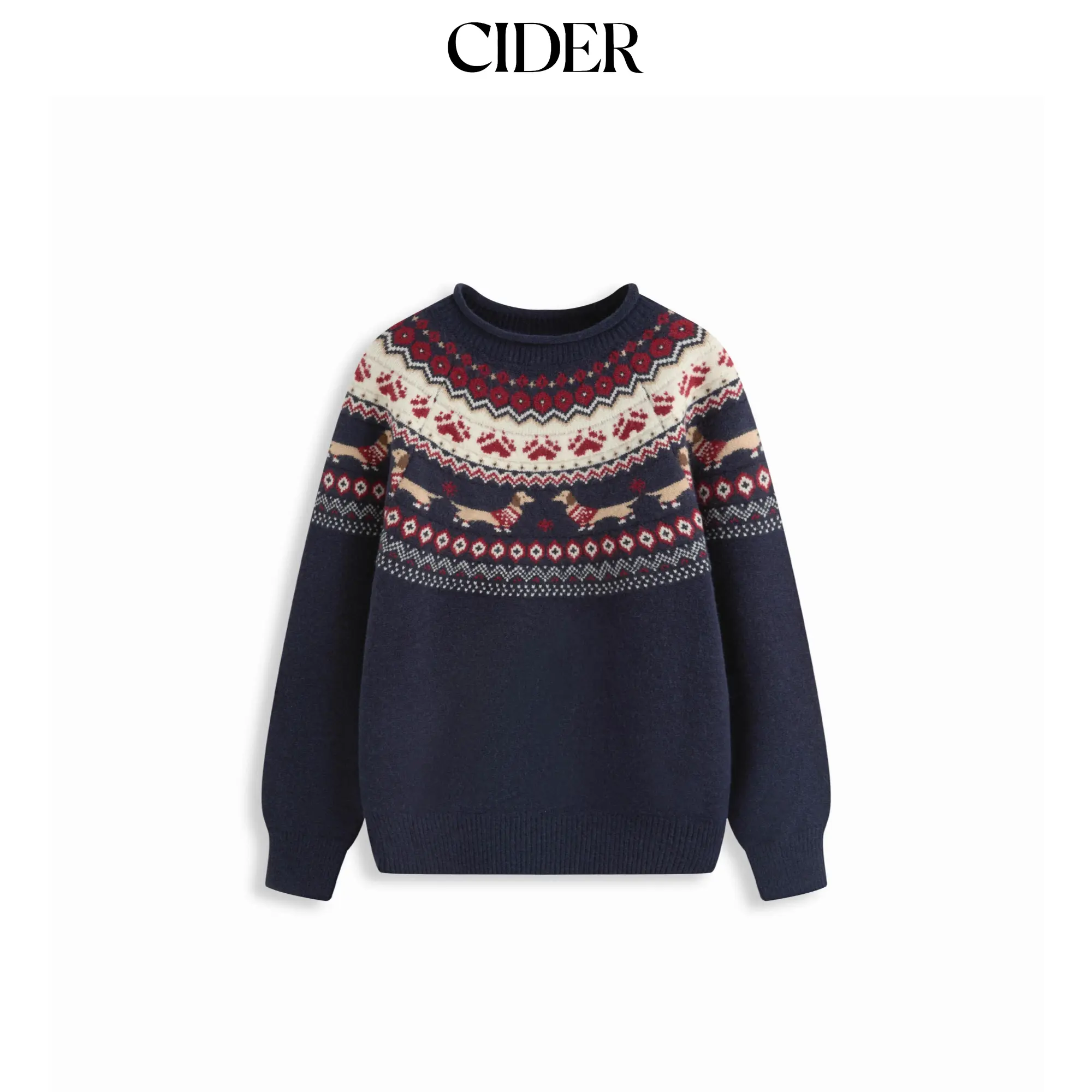 Cider Dachshund Detail Round Neckline Oversized Sweater