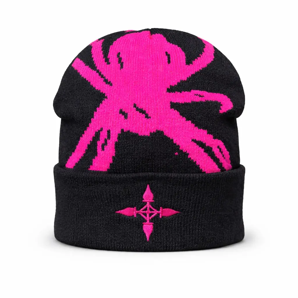 Pink Satin-lined Spider Minimalistic Beanie - Bold Knit with Embroidered Detail for Hair Protection & Comfort