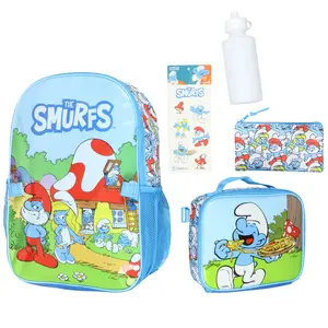 The Smurfs Backpack 5-Piece Mega Set Travel Daypack Bag with Lunch Box Pencil Case Water Bottle and Stickers 16"