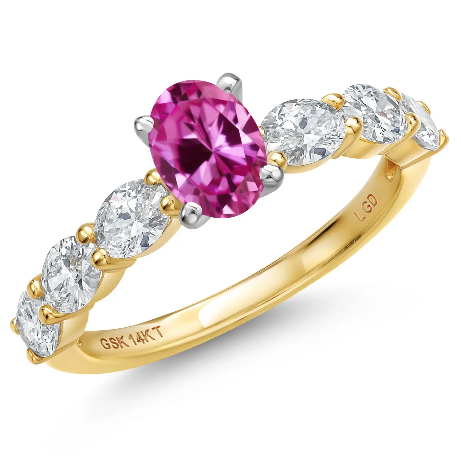 14K Two Tone Gold Pink Created Sapphire and Lab Grown Diamond Engagement Ring For Women | 1.40 Cttw | Oval 6X4MM | Gemstone September Birthstone