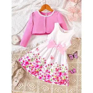 Girls' Spring Fashion 2pcs Set, Floral Print Dress with Belt Detail and Matching Cardigan, Crew, Regular Fit, Polyester 100%, Non-Stretch Woven Fabric, Belted Dress Kids, Outdoor Pink Summer
