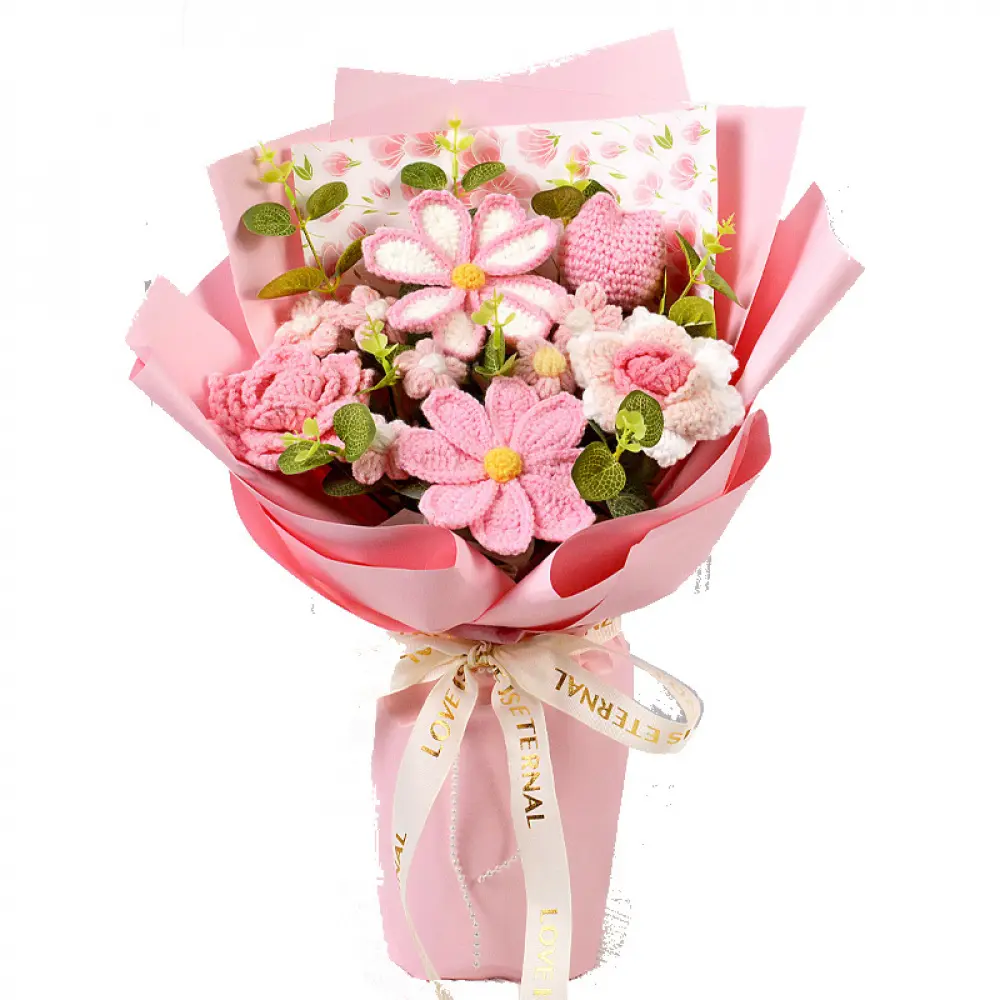 1 PC Elegant Handmade Crochet Bouquet with Roses, Tulips, Daisies - All Seasons Knitted Everlasting Artificial Floral Ornament in Box for Home Decoration, Desk Decor - Ideal Holiday Gift for Mothers Day, Valentines Day, Diy