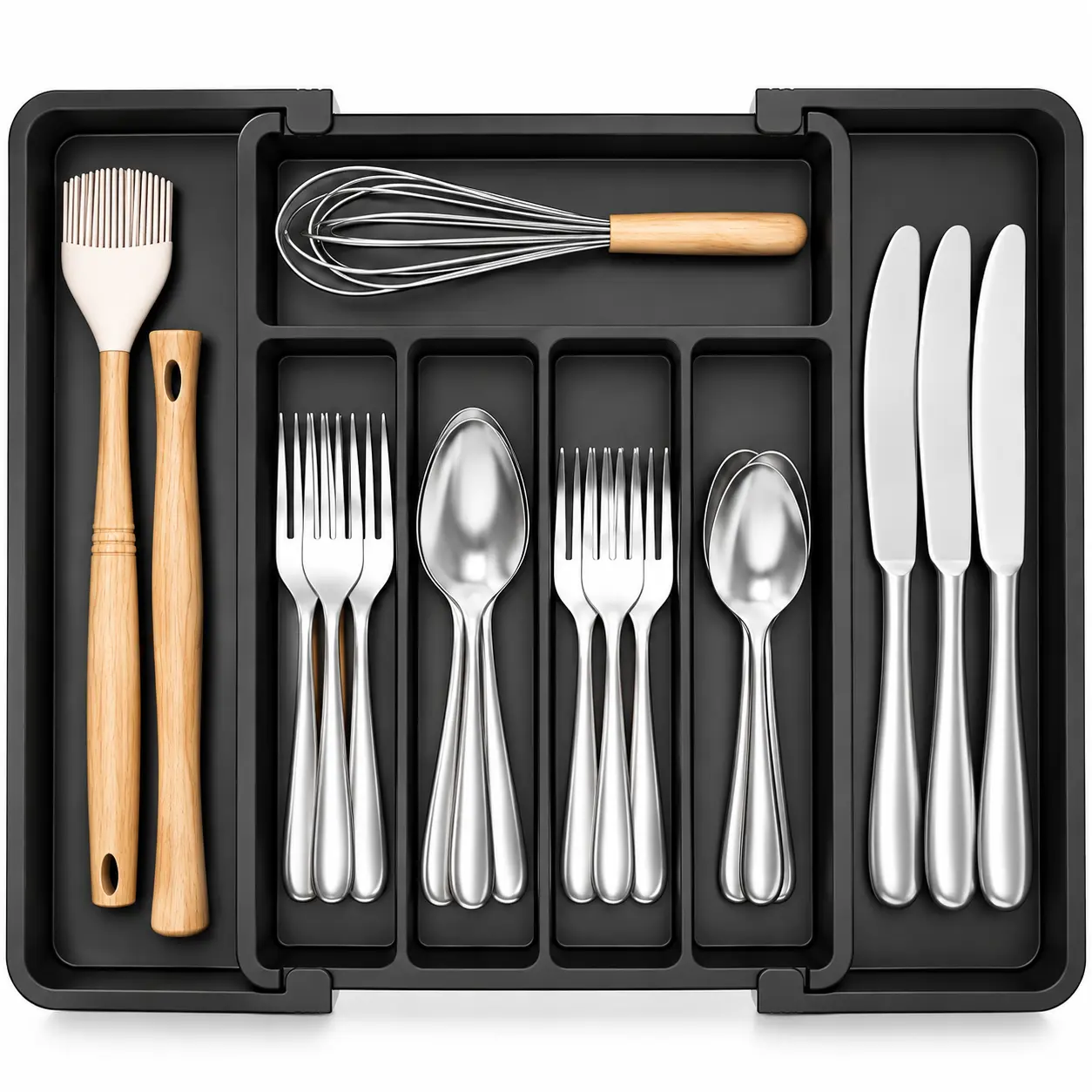 Expandable Silverware Drawer Organizer, 7-Compartment Adjustable Kitchen Utensil Tray, 8–13.8 Inch Cutlery Organizer