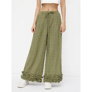 Cider Mid Rise Check Drawstring Lettuce Trim Trousers