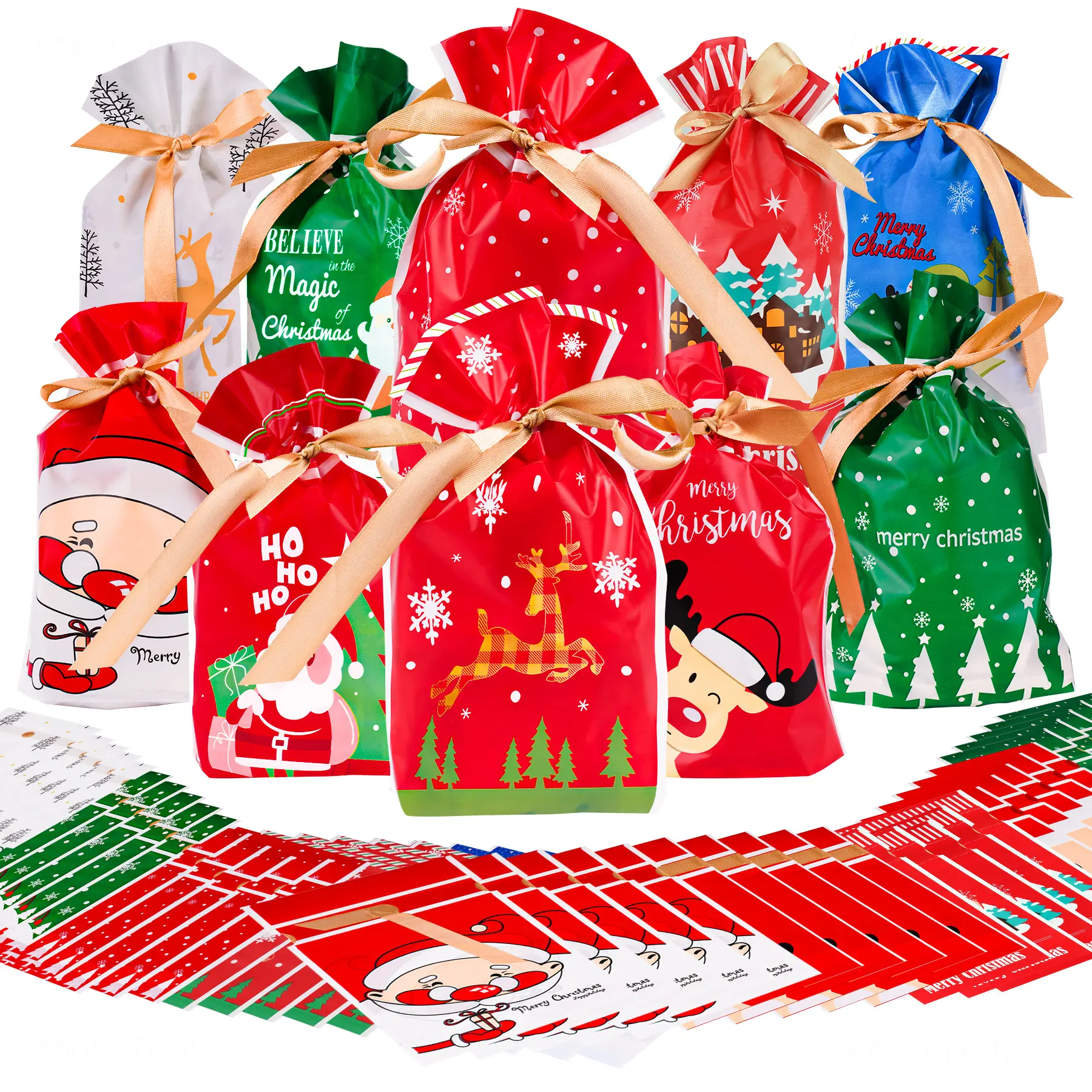 NiHome 50pcs Reusable Christmas Theme Drawstring Gift Bags - 10 Assorted Double-Sided Patterns, 9x5.9", Food-Safe EVA, Durable, Golden Ribbon, Festive Wrapping Party Bags & Package for Candy, Party Decor