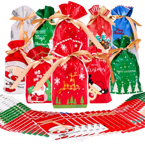 NiHome 50pcs Reusable Drawstring Christmas Satin Goodie Bags - 10 Festive Prints, 9x5.9", Reindeer & Snowflake, Double-Sided, Odorless Food-Safe EVA, Durable, Golden Ribbon, Eco-Friendly Ink, High-Gloss Finish, Premium Packaging, Decoration & Candy Use
