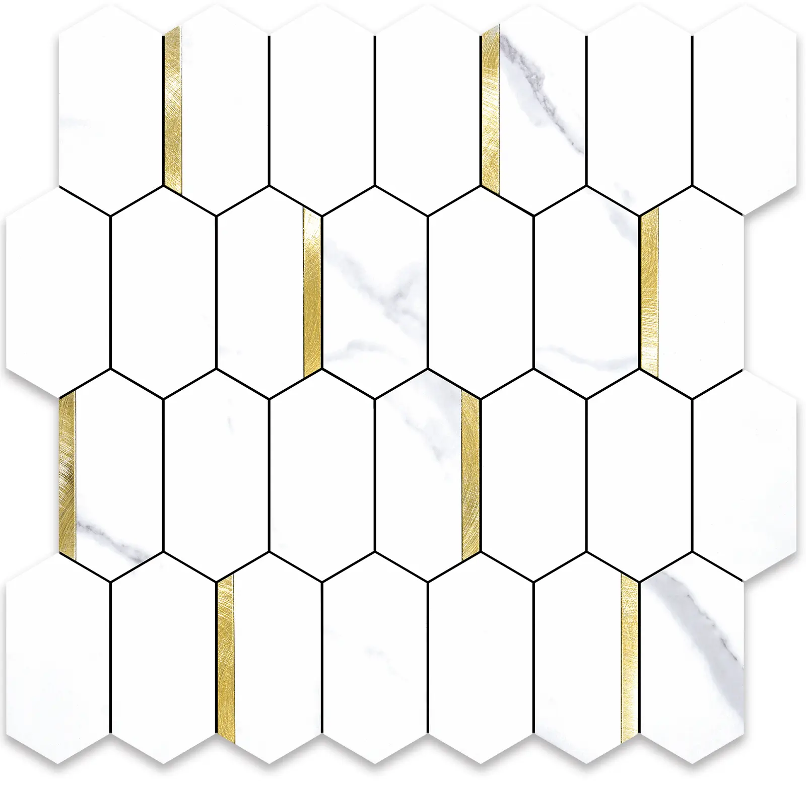 Vamos Tile 10 Sheets Long Hexagon Peel and Stick Backsplash Tile  Stick on Backsplash for Kitchen and Bathroom 12.4 x 12 Inch White Marble Look PVC Mixed Metal Gold Self Adhesive Mosaic Wall Tiles