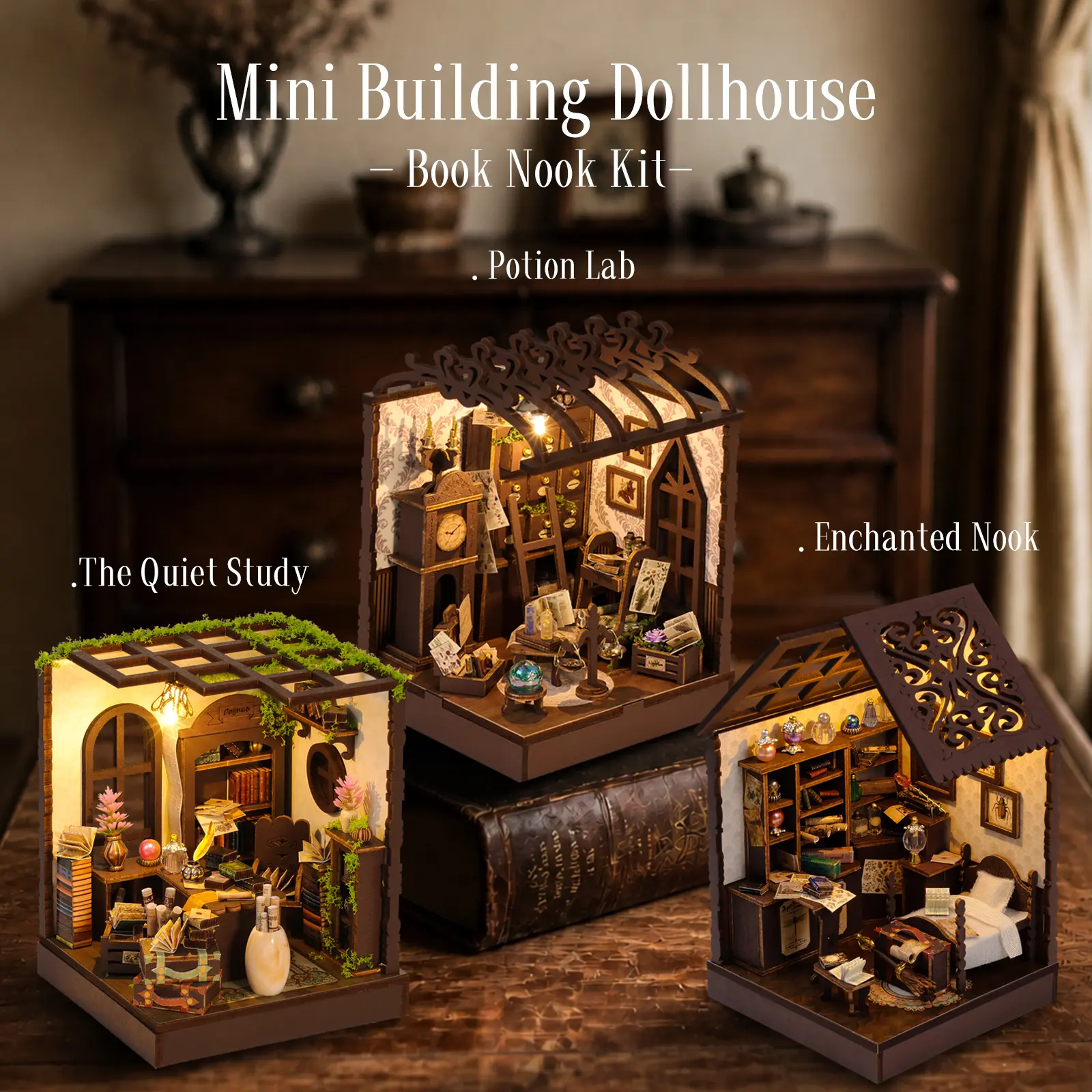 DIY Quiet Study Book Nook Wooden Craft Kit with Warm LED Lights & Coin Batteries Included, Unassembled Mini House Bookend Ornament, Glue Not Included, Unique Handmade Gift for Book Lovers & Halloween Decor