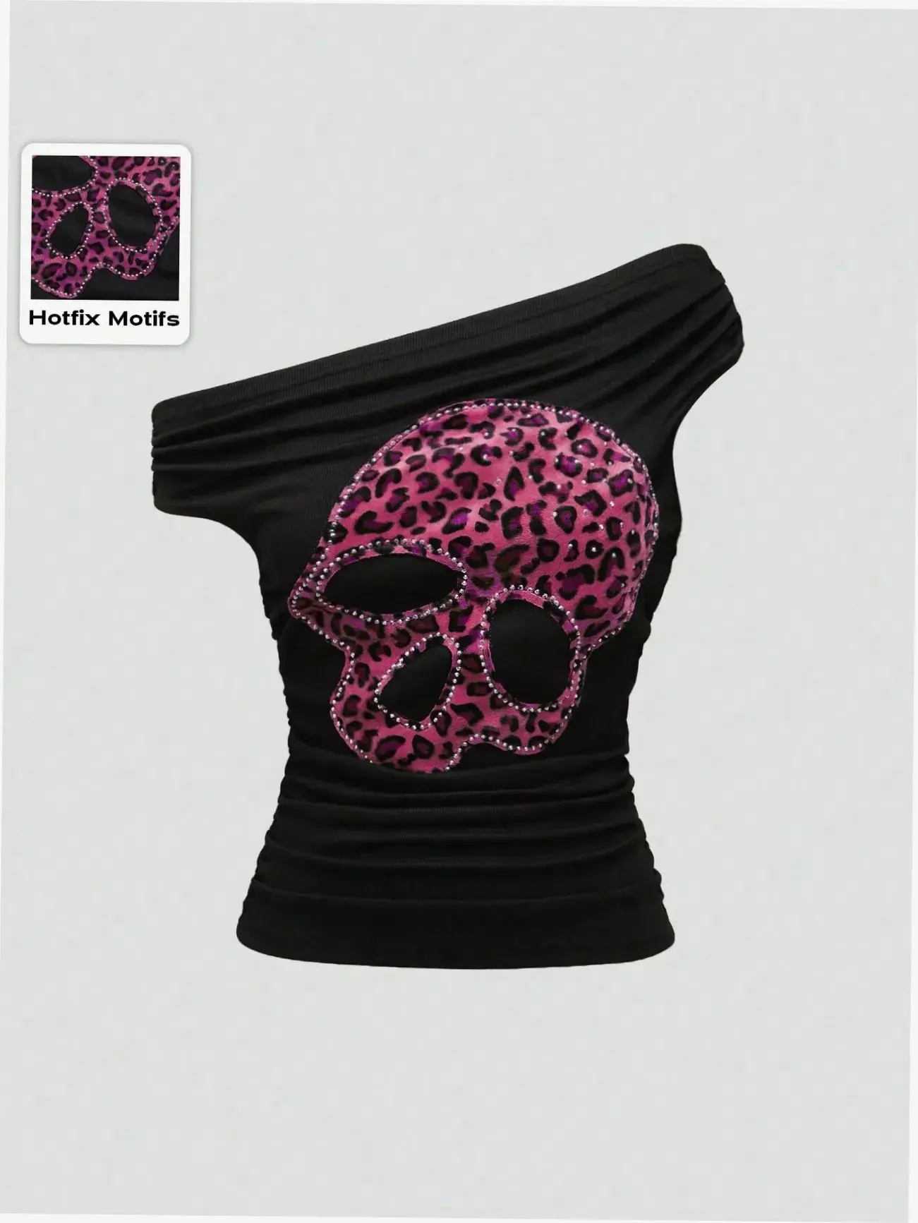 Fitted Graphic Tee Asymmetrical Neck Leopard Skull Print Grunge Punk Y2k Streetwear