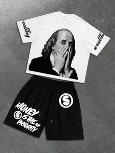 Wealthy Aesthetic Two Piece Outfit for Men – Benjamin Franklin Cover Mouth T-Shirt & “Money Is The Top Priority” Print Shorts, Streetwear Hypebeast Athletic Casual Set for Summer Parties & Daily Wear