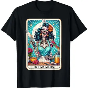Men's Off My Meds Unhinged Tarot Card Funny Graphic Short-Sleeve T-Shirt - Athletic, Casual, Streetwear Top, Made in USA, Menswear Fashion Clothing
