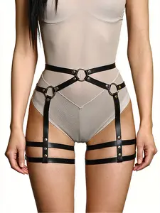 A black PU leather belt with thigh straps, featuring an adjustable waist and leg strap, double-layer leg straps, and circular ring accents, this streetwear-inspired accessory complements both casual outings and everyday commuting outfits Women