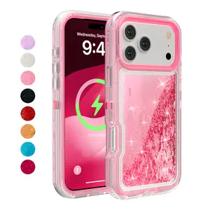 For iPhone 17 Pro Max 16 15 14 13 12 11 Bling Liquid Glitter Hard Cover Sparkly Gilter Heavy Duty Shockproof Case, Shockproof Liquid Glitter Defender Case, Colorful Quicksand TPU Bling Diamond Flowing Liquid Floating Sparkly Hybrid Heavy Duty Shell Case