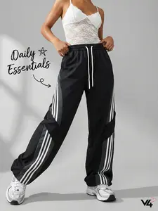 Vibe404 Women's Y2K Baggy Parachute Track Pants Water Resistant Black Wide Leg Sweatpants High Waisted Side Stripe Streetwear Lightweight Windbreaker Trousers Harajuku Acubi Blokette Fashion Spring