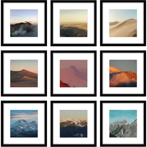 12x12 Picture Frame Set of 9, Gallery Wall Frame Set Display Pictures 8x8 with Mat or 12 x 12 Without Mat, Square Collage Picture Frames for Wall, Black