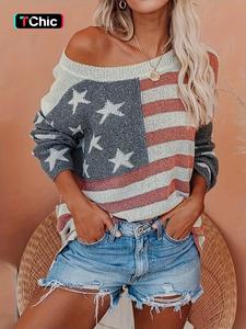 women's flag print drop shoulder crew neck knit top, lady casual fit long sleeve round neck sweater knitwear, american flag sweater, fallfreshness clothes, summer tops, womenswear, comfy fabric