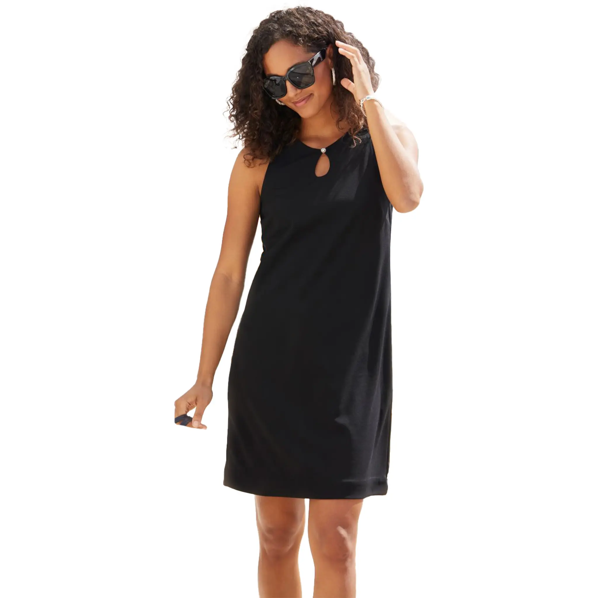 LASCANA Women's Casual Keyhole Neck Dress - Synthetic Fabric, Button Accents, Pearl Accent, Half Back Zip Detail, Casual Wear