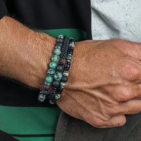 3pcs Set, Natural Stone Turquoise with Black Onyx Men's Bracelet - Stretchable Stackable Bohemian Style Beaded Bracelet, Suitable for Casual Wear / Party Occasions, Father's Day Valentine's Day Christmas Gift