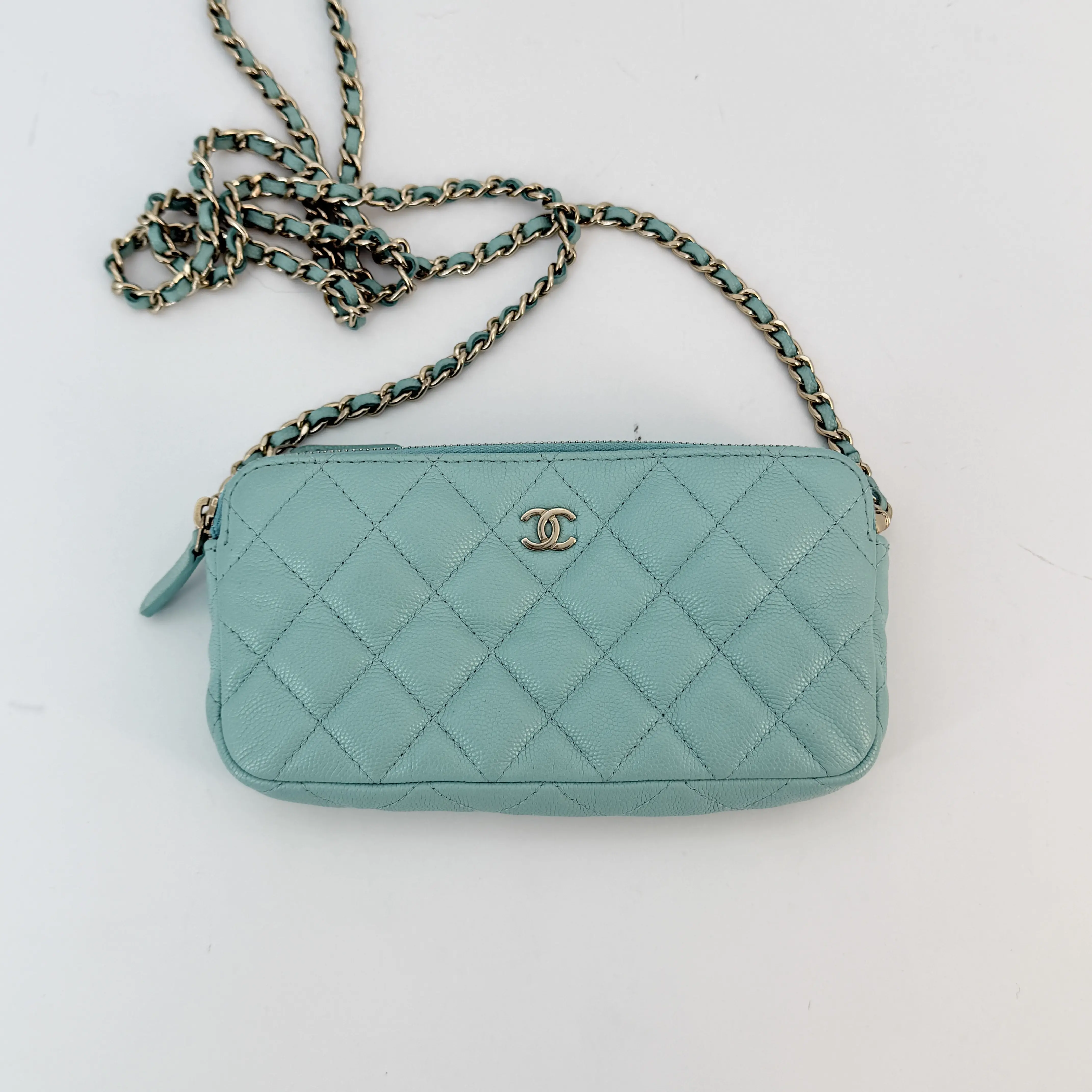 Pre-owned CHANEL lambskin Crossbody Bags Double Zip Clutch w/ Chain Green Crossbody Bag