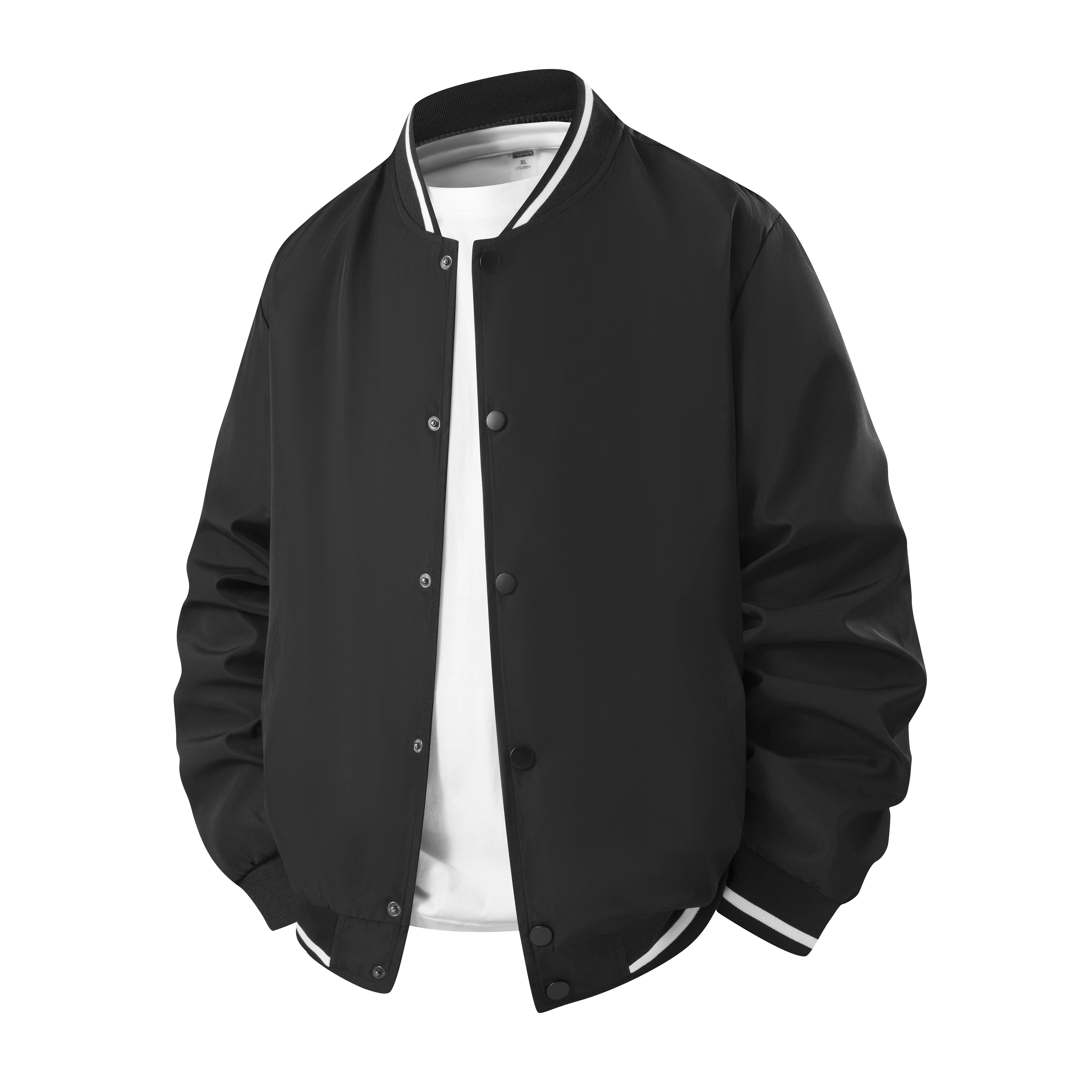 Unisex Varsity Jacket in Smooth Fabric - Menswear Style Bomber with a Lightweight Polyester Shell and Striped Knit Trim, Relaxed Fit, Pockets, Retro, Sports, Simple, Tops, Plain, Outdoor